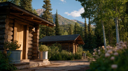 Outdoor composting toilets surrounded by rustic wooden cabins reflect off grid living eco lodges renewable waste management and the sustainable tourism practices connecting