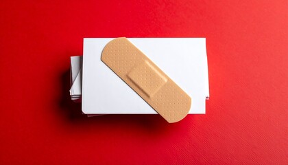 A top-down view displays a stack of blank rectangular cards, a beige adhesive bandage laid on top against a red background