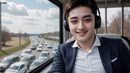 Smiling Asian man in suit listens to music on bus during traffic jam.