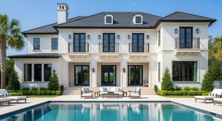 Fototapeta premium Luxury mansion with pool, lawn, and outdoor furniture on a sunny day