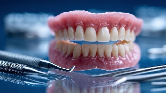 Closeup of a technician adjusting a precisely scanned 3D printed denture with blurred dental tools in the background highlighting accuracy in dental device customization.