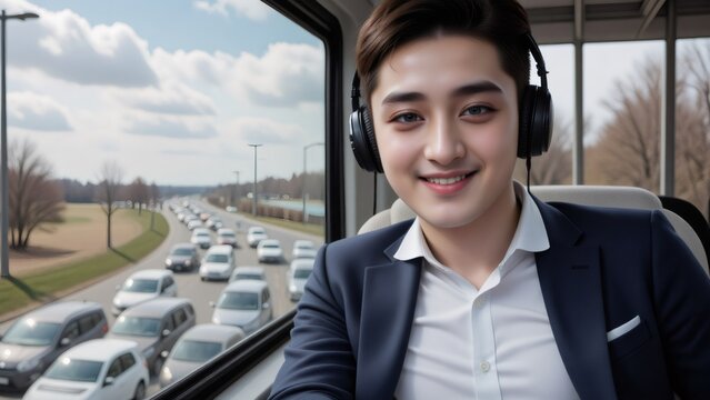 Smiling Asian man in suit listens to music on bus during traffic jam.