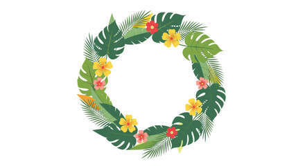 A beautiful tropical wreath with green leaves and colorful flowers.