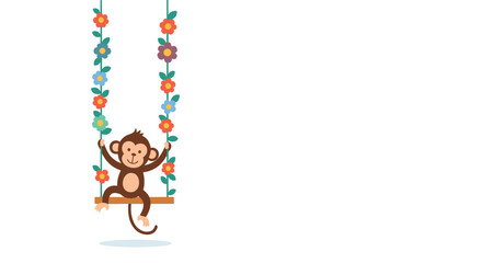 Naklejka premium A happy monkey enjoys a swing decorated with colorful flowers.