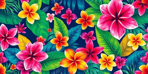 Vibrant seamless pattern of lush Hawaiian jungle flowers and leaves,  white,  rainforest