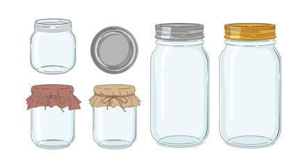Various empty glass jars with different lids and sizes.