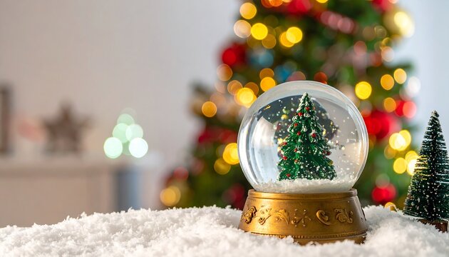 A festive scene featuring a snow globe containing a miniature Christmas tree, set against a blurry, decorated evergreen in soft focus