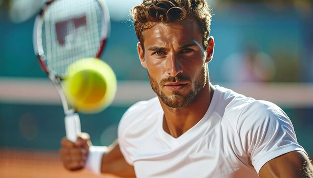 Focused tennis player in action