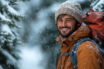 Fototapeta premium Man with backpack in the snow.