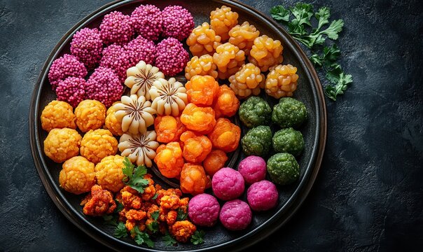 Colorful Assortment of Indian Sweets and Snacks Arranged on a Plate