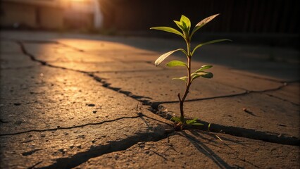 Small plant growing through cracked concrete with sunlight