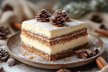 Piece of cake on plate with cinnamons.