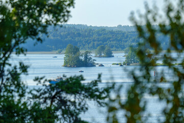 Small forested islands on calm lake framed by summer foliage