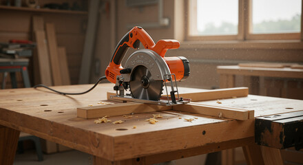 Electric saw on wooden worktable in carpentry workshop  