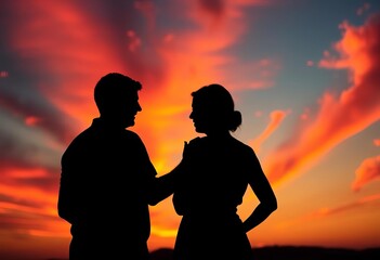 Silhouette of two figures embracing at sunset, fiery sky,   intimate,   design