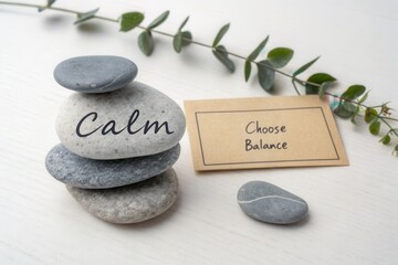 Stacked grey stones next to a message about calm and balance
