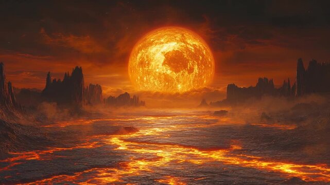 Apocalyptic Landscape with Giant Fiery Moon and Flowing Lava Rivers.