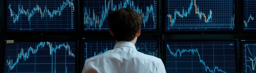 Business professional analyzing stock market data on multiple screens