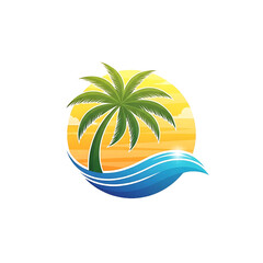 Circular tropical beach logo with palm tree, ocean waves, and vibrant sunset sky design.