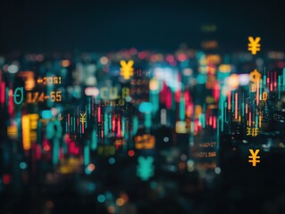 Abstract financial data display with vibrant colors and blurred city lights.