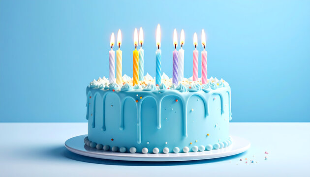 Blue frosted birthday cake with eight lit candles in pink and blue, topped with colorful flowers and berries, set on a white board against a light blue background.