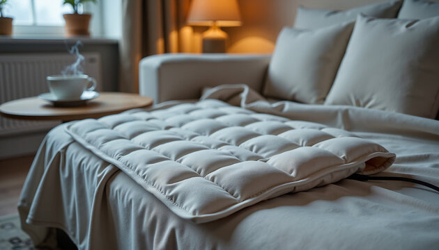 Electric heating pad resting on cozy sofa in warm living room  