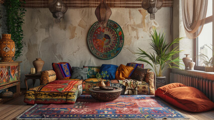 Sunlit boho lounge featuring rattan furniture, hanging plants and mixed patterns. Natural materials and warm neutrals achieve that perfect carefree bohemian vibe