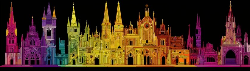 Colorful skyline illustration featuring intricate architectural details.