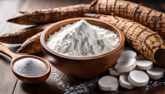 Tapioca Starch Also Known As Tapioca Flour Is Displayed In A Wooden Bowl Along With Dry Cassava Root This Versatile Tapioca Starch Can Be Used In Various Culinary Applications