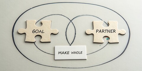 Two puzzle pieces fitting to make the whole concept together