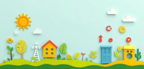 Vibrant paper cutouts of sustainability icons, animated movement, flat vector style,  recycle,  arrow