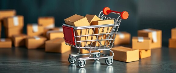 Mini cardboard shopping cart filled with tiny boxes,  present,  miniature cart