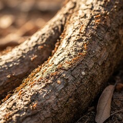 A colony of ants marching in a line over a textured tree root in the warm sunlight.