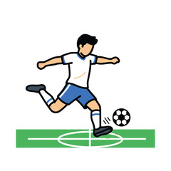 Cartoon person in athletic attire kicking a soccer ball on a green field isolated on white background