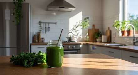 Healthy green smoothie with kale in a modern kitchen setting during a sunny day