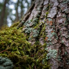 A close-up view of moss and lichen growing on the textured bark of a tree in a forest.