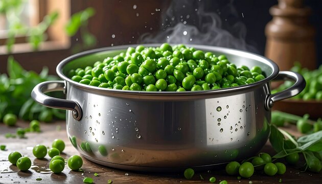 A stainless steel pot overflowing with vibrant, cooked green spheres, steam rising. Scattered on a wooden table are fresh, leafy greens