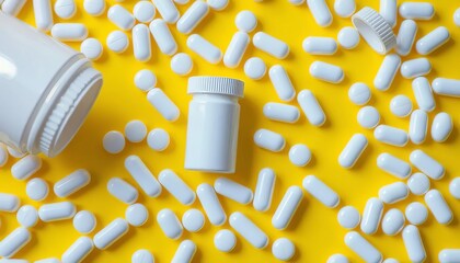 White plastic pill bottle and scattered white pills on a bright yellow background,  healthcare,  object
