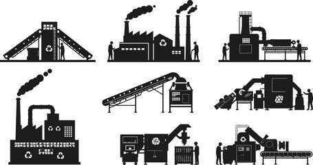 Naklejka premium Industrial factory silhouette, recycling plant, heavy industry, machinery, conveyor belts, smokestacks, workers, eco process, sustainability, cad drawing flat vector illustration