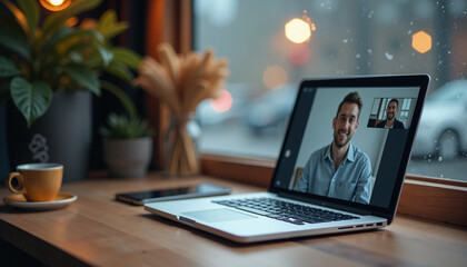 Man participating in Zoom call on laptop at coffee shop window  