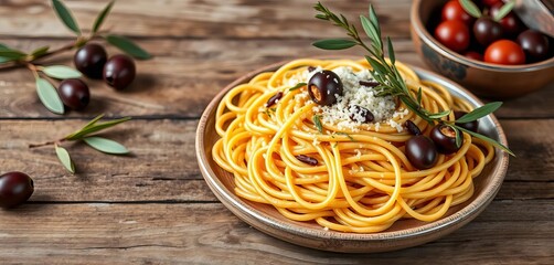 Rustic Italian pasta dish with olives on aged wood,  lunch,   vintage