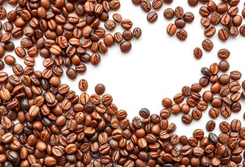 Wide panoramic border of roasted coffee beans on white, ample copy space,  organic,  dark