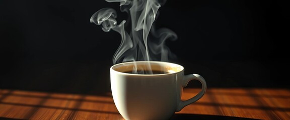Steam rising from a warm coffee cup, cast in soft shadows, window, calm