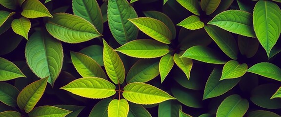 Vibrant green leaves seamlessly repeat in a horizontal close-up,  illustration,  fresh