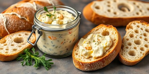 Rustic baguette slices beside a glass jar of creamy egg salad, garnished with cress, food, culinary