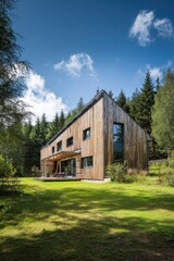 Modern wooden house surrounded by lush greenery in a forest setting, capturing a serene landscape under a clear blue sky during daylight