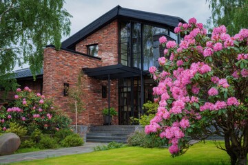 A stunning brick house is gracefully nestled amidst a garden bursting with vibrant pink flowers, creating a tranquil oasis in the serene springtime atmosphere
