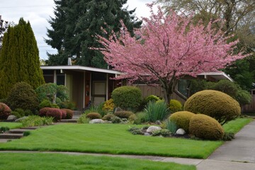 Cherry blossom tree brightens suburban yard with lush greenery and unique shrubs on a cloudy day in a peaceful neighborhood