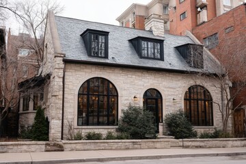 Beautiful stone cottage with large windows in an urban setting, showcasing classic architecture and serene landscaping during the day