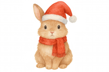 Cute rabbit wearing santa hat and scarf, holiday animal illustration, watercolor bunny for christmas celebration